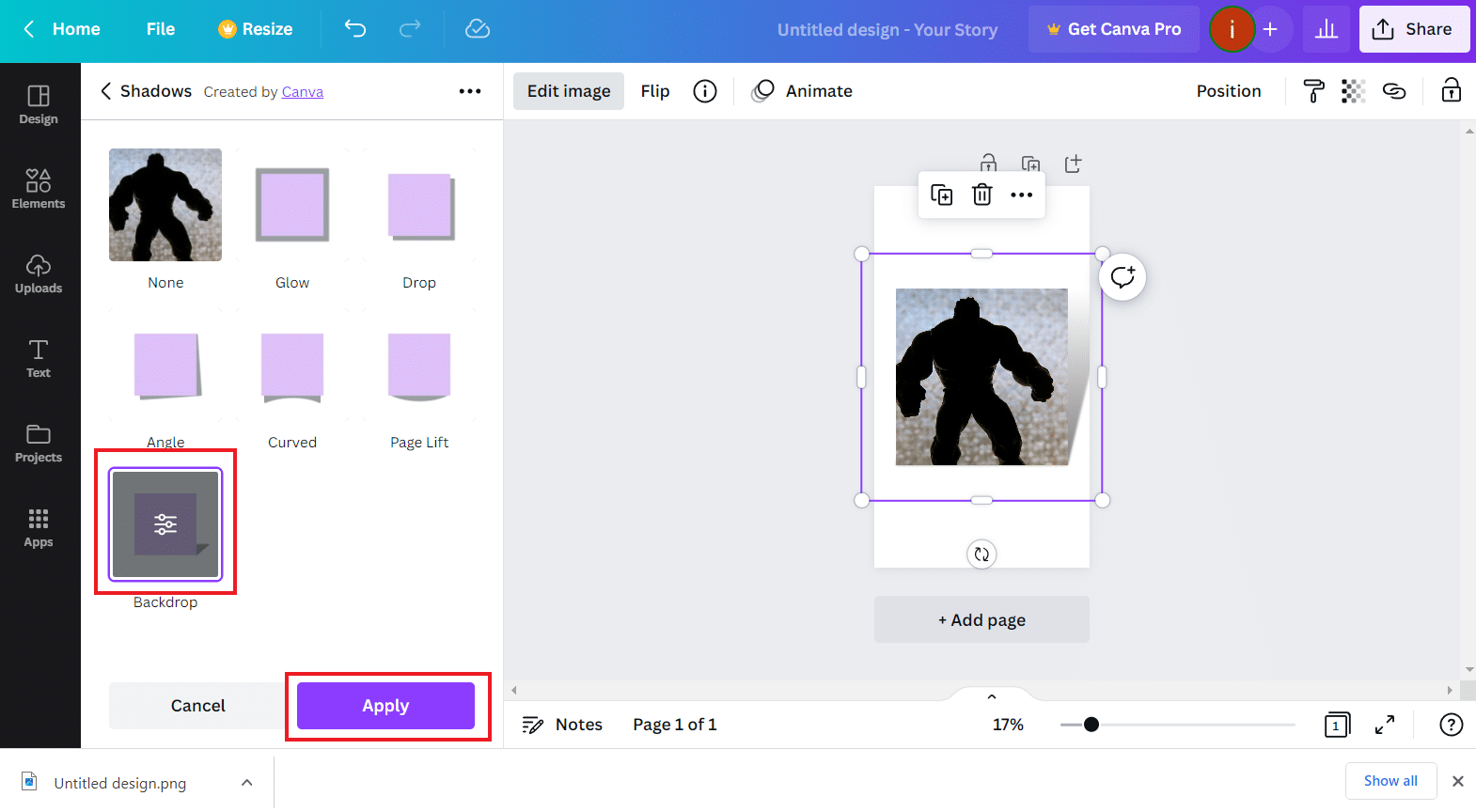 Select Shadow effect and click on Apply | How to Create a Shadow Effect in Canva
