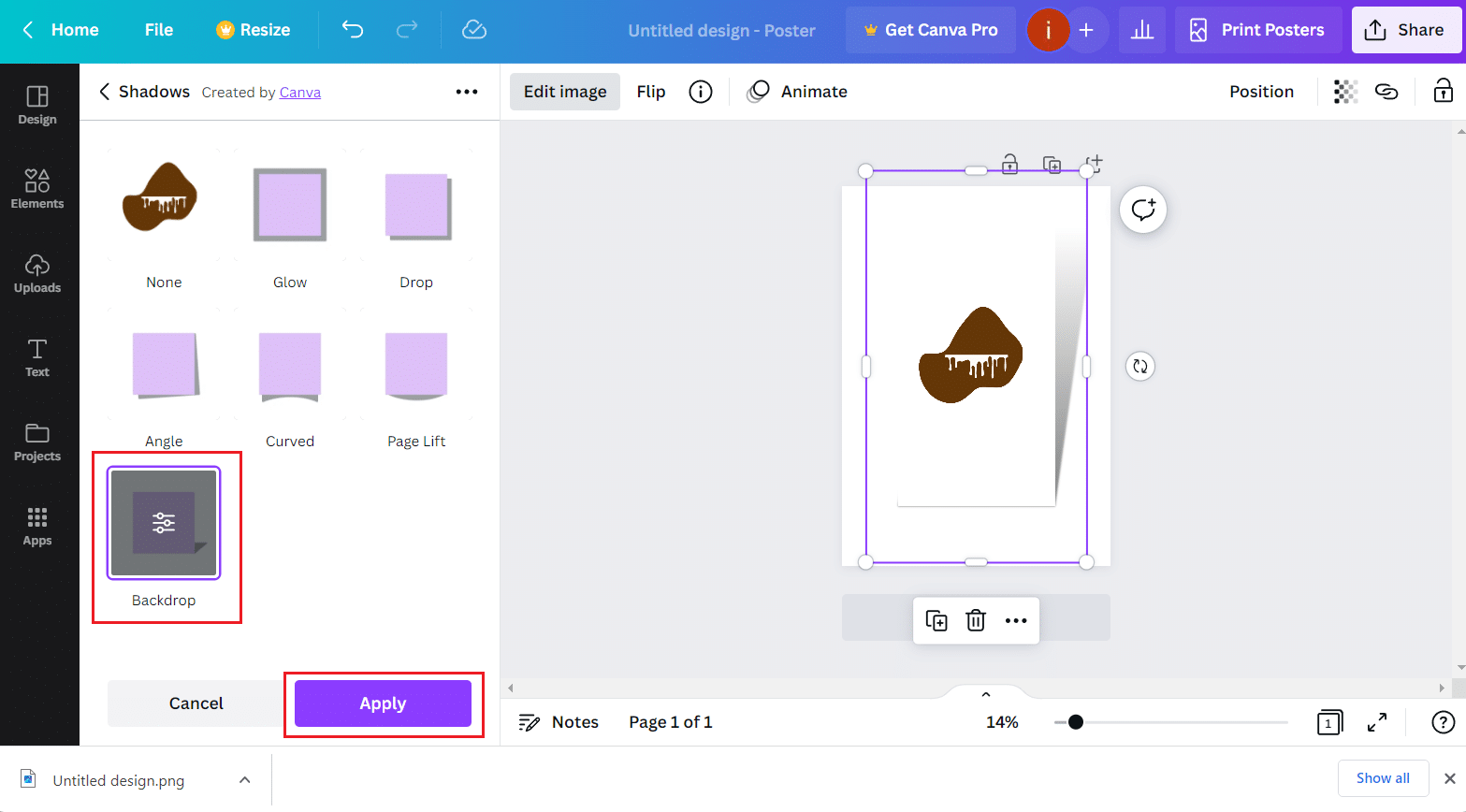 Click on a Shadow effect and select Apply | How to Create a Shadow Effect in Canva