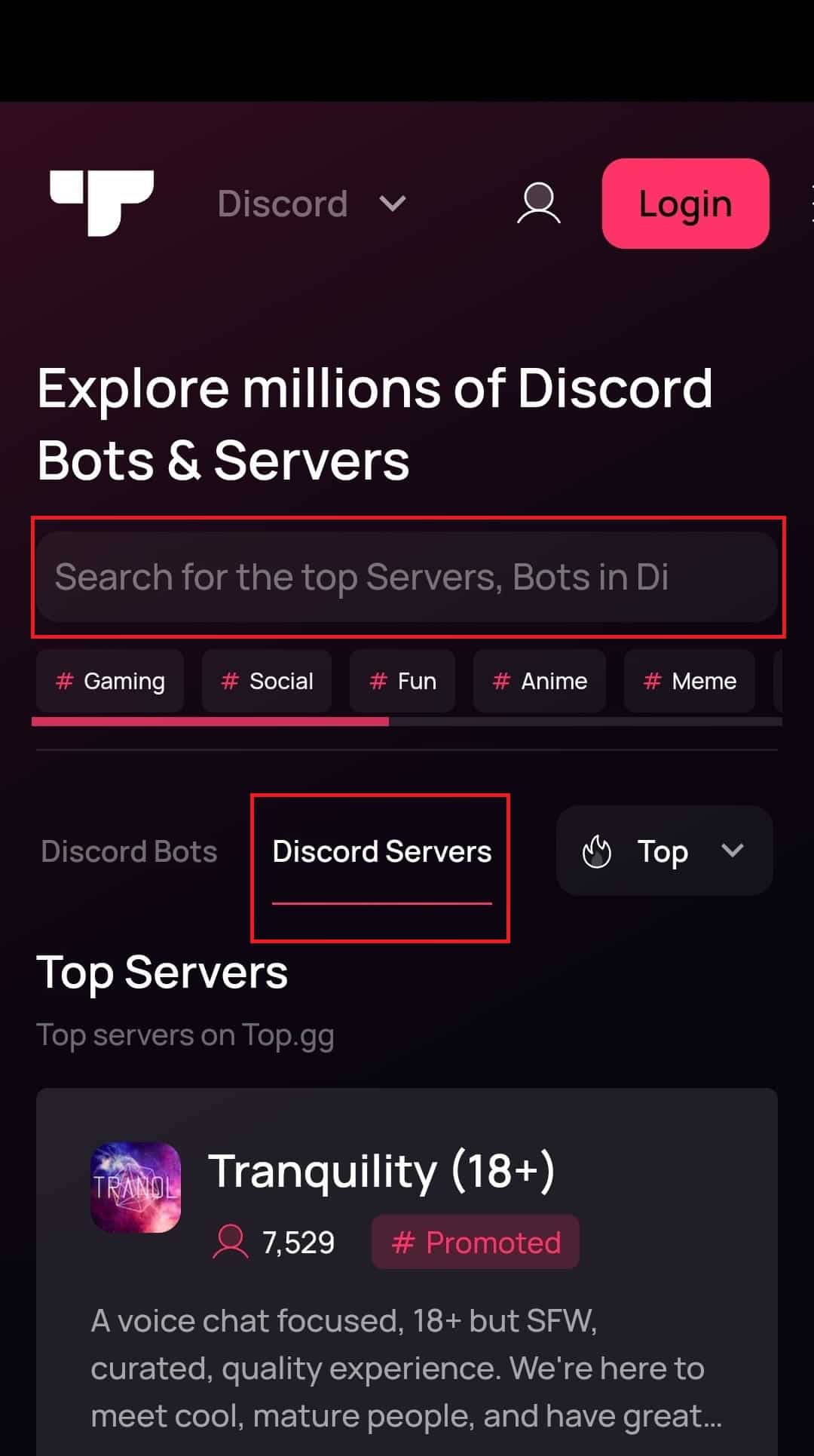 Type the name of the Server in the search box or use the tags and categories
