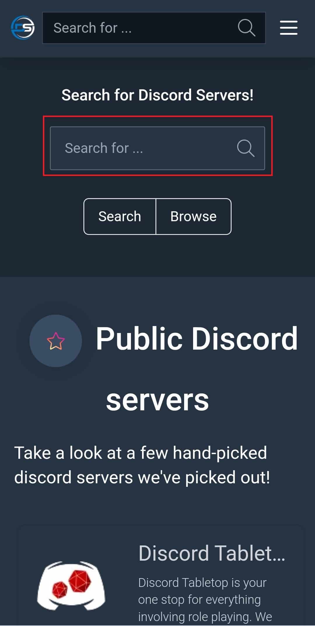 Type in the server name or keyword in the search bar