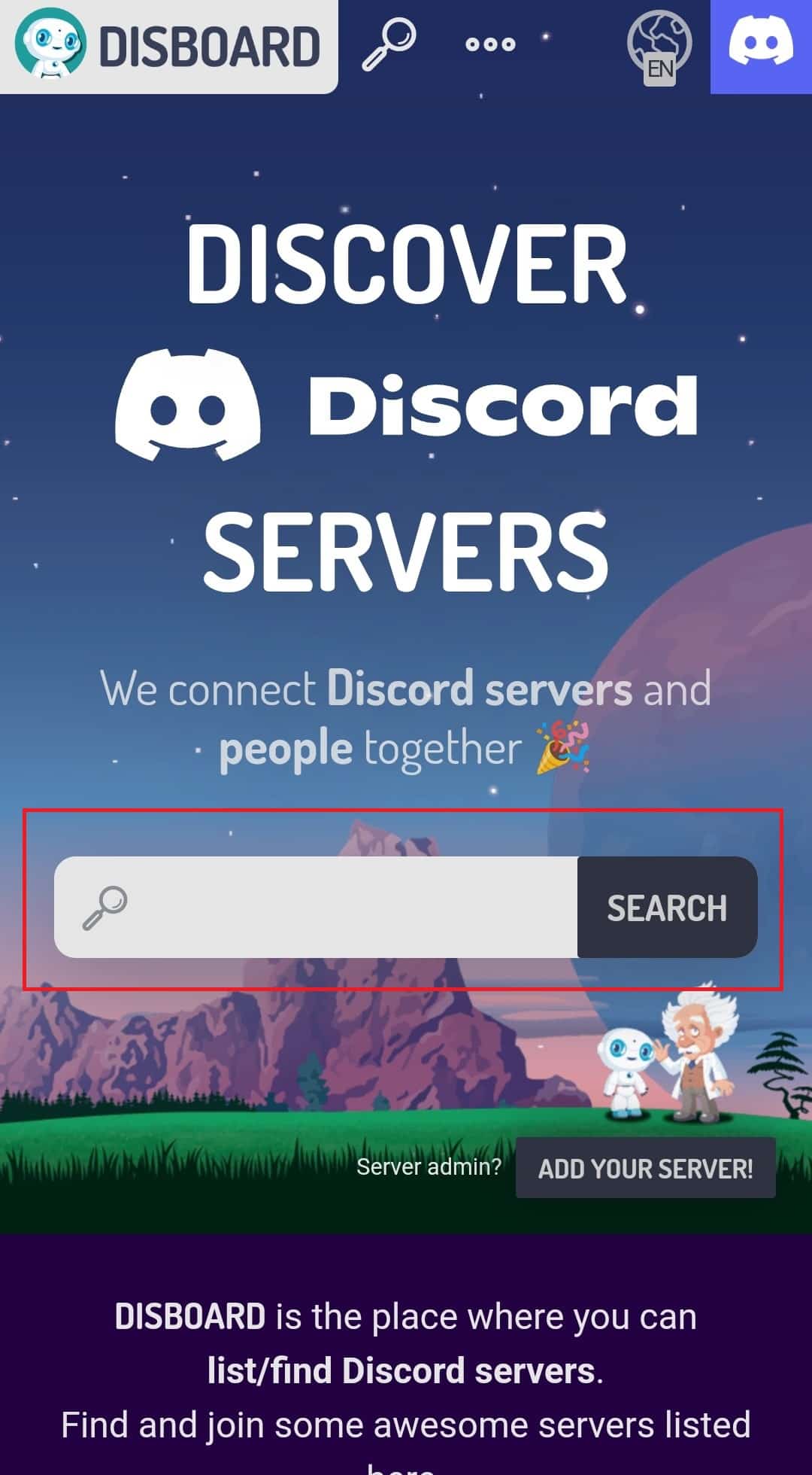 Type the server name or the keyword in the search box