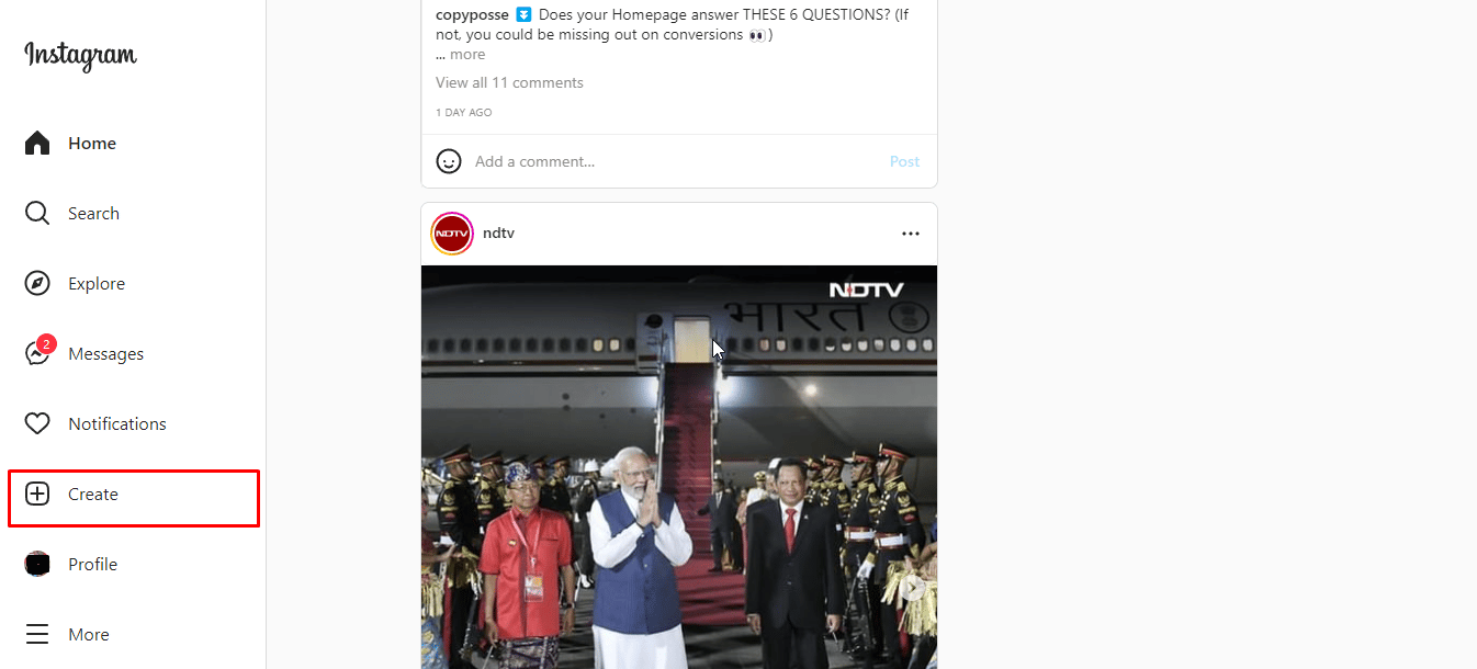 Click on the Create option to upload a new post or story on your feed