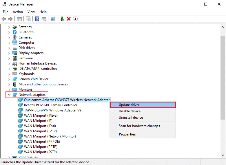 Right click on the Network Adapter Driver and select Update Driver
