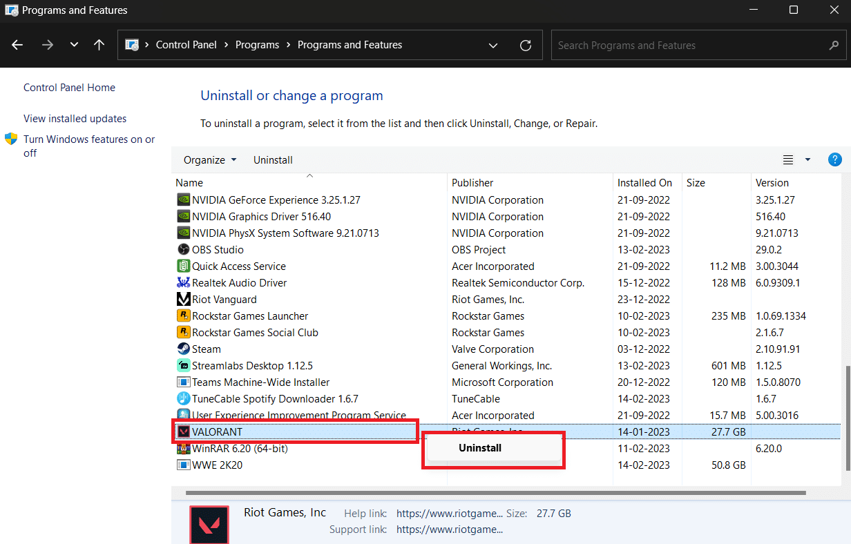 Scroll Down and search for Valorant right click on it and select Uninstall