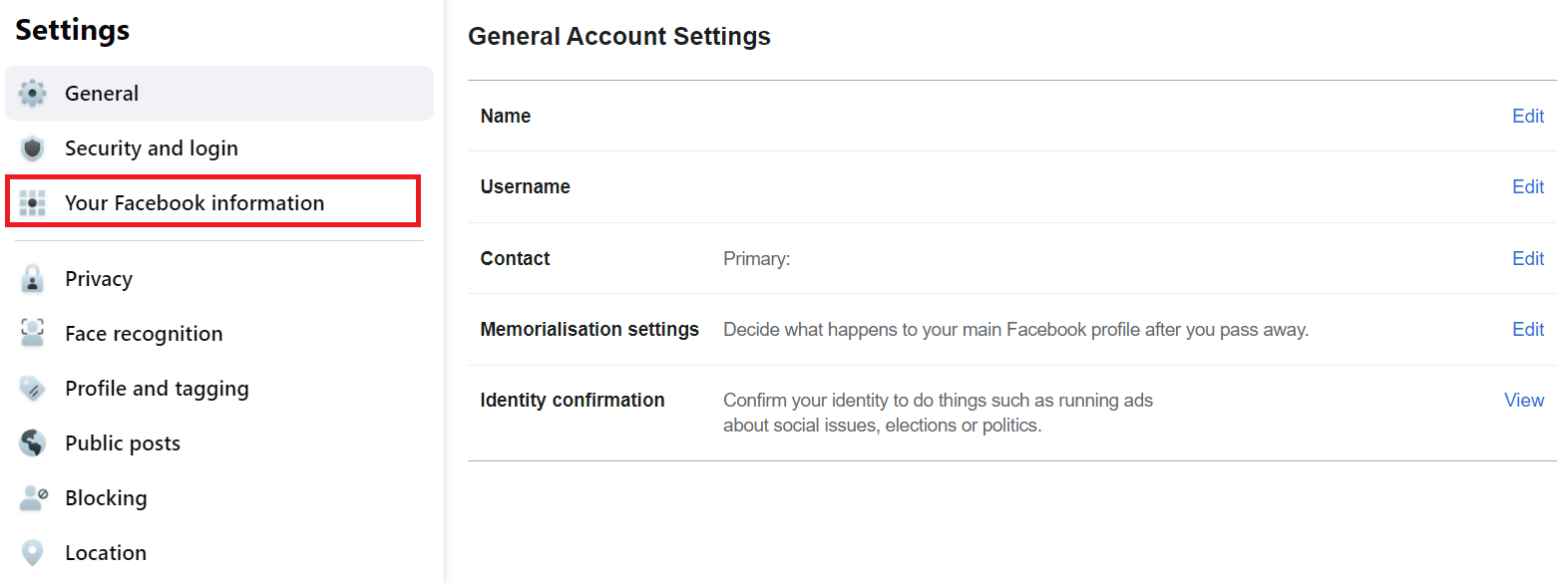 click on the Your Facebook information option | 