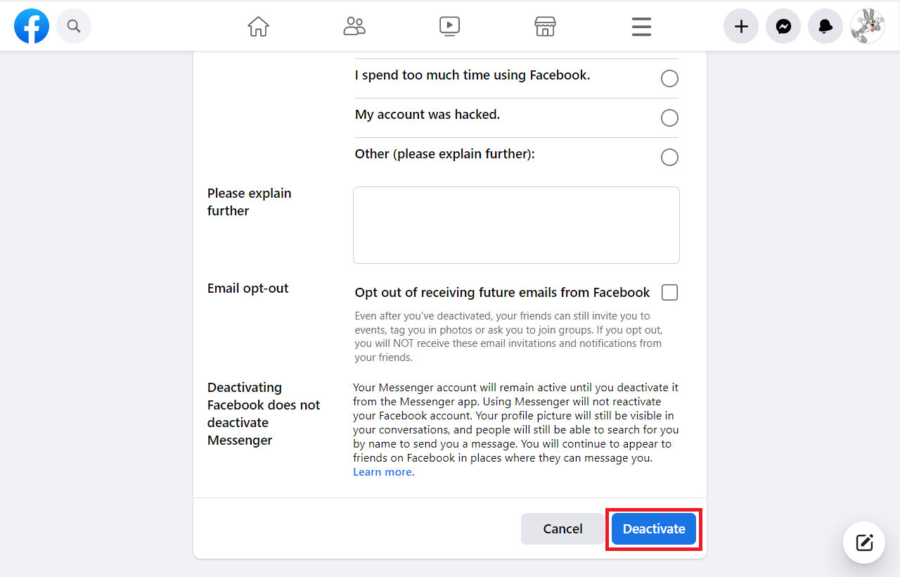 Choose a reason, explain the reason and click on Deactivate | Can You Delete Facebook and Keep Instagram?