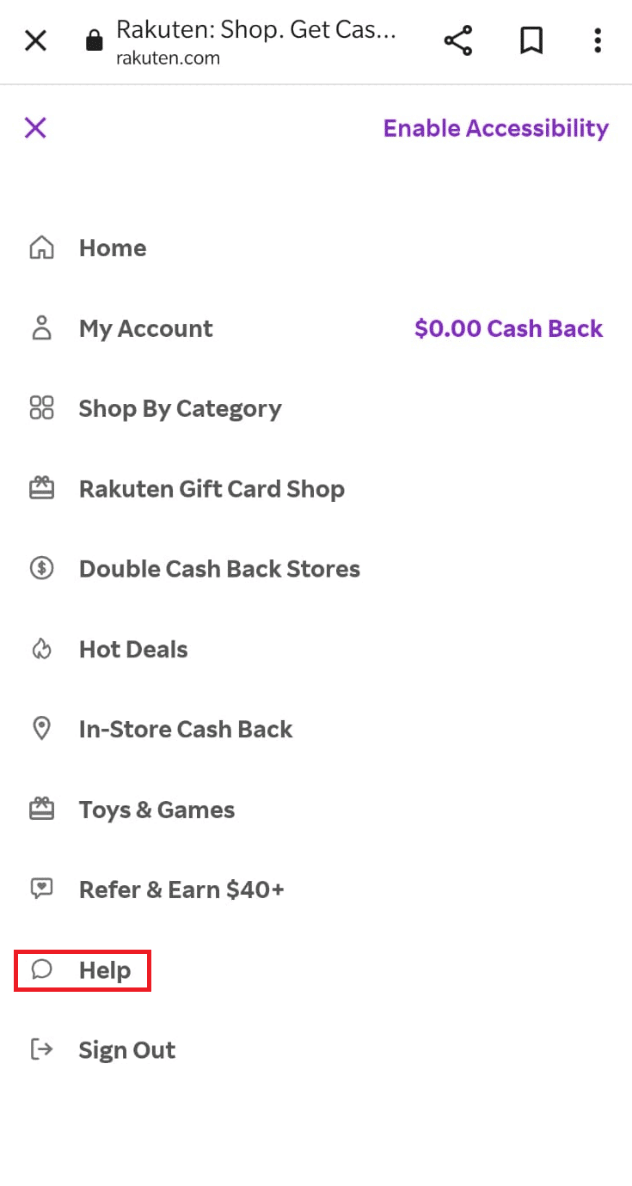 Tap on the Help option. is it safe to link a credit card to Rakuten