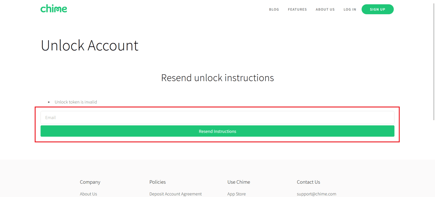 Enter your Email ID associated with your Chime account and click on Resend Instructions | Chime support email
