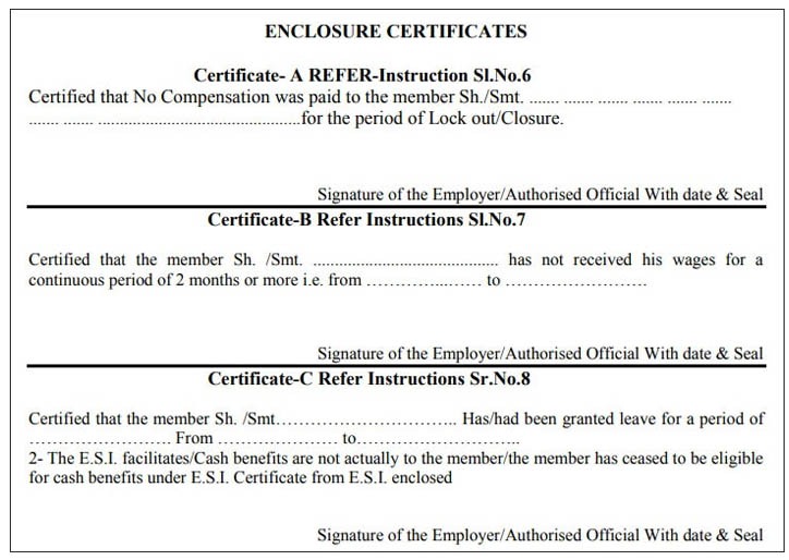 Certificate A/B/C/D/E/F not Enclosed / Signed Meaning in PF