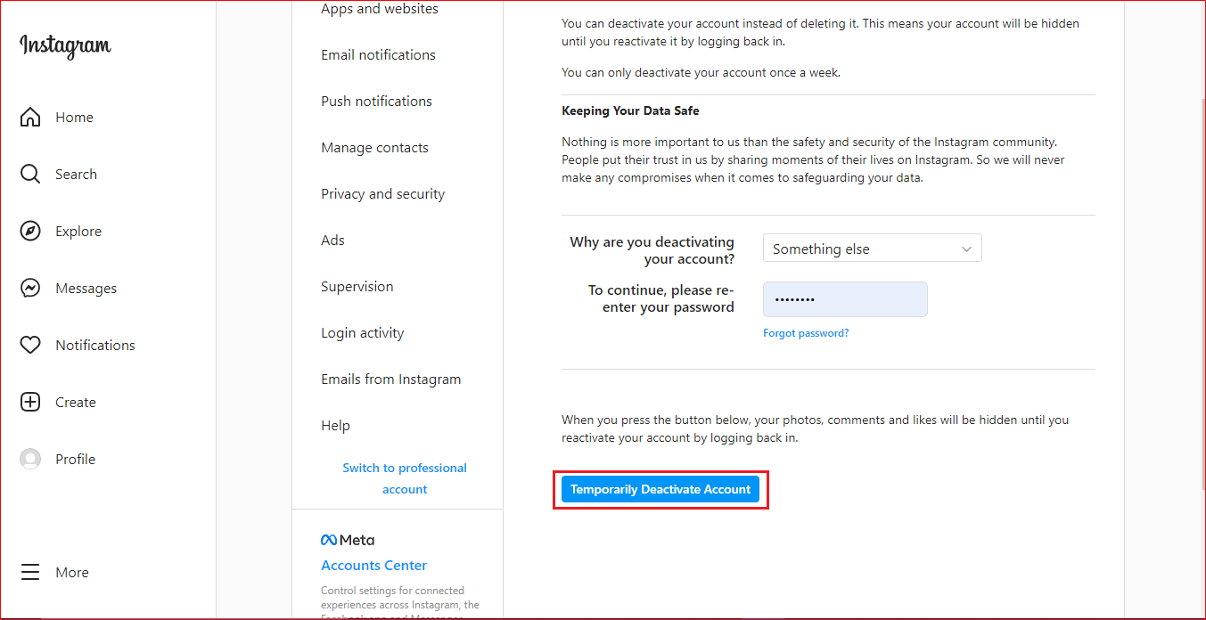 Instagram Temporarily deactivate button. How to Temporarily Disable my Instagram Account 