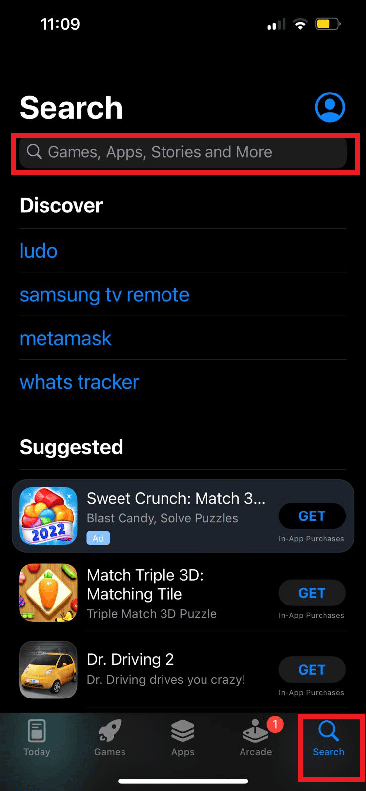 From the Search tab, search for the desired game that is available on both Android and iOS