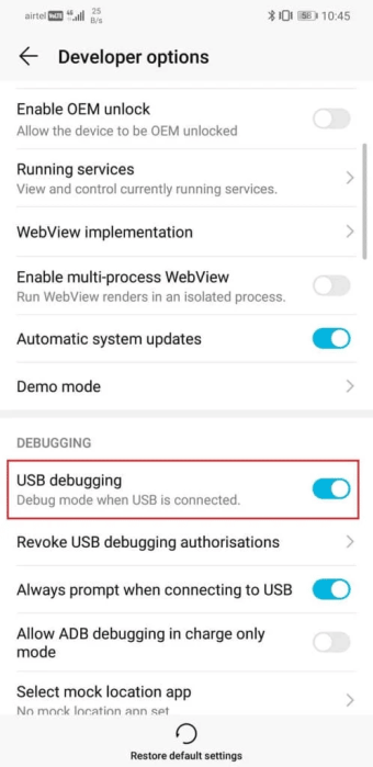 Toggle on the USB Debugging