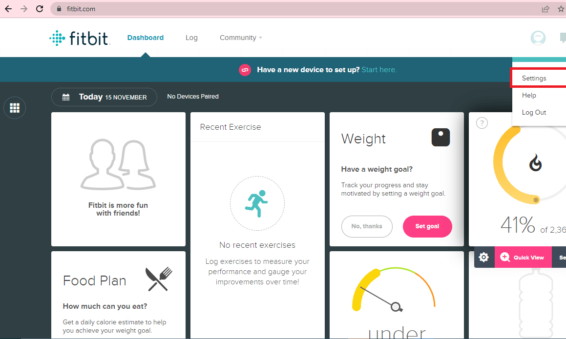 fitbit Settings in dashboard