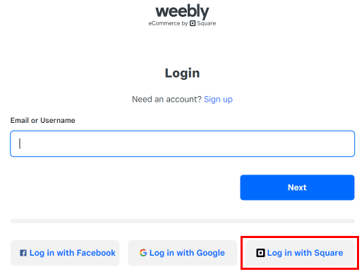 From the options at the bottom click on Log in with Square or select between any of the options to log into your account.