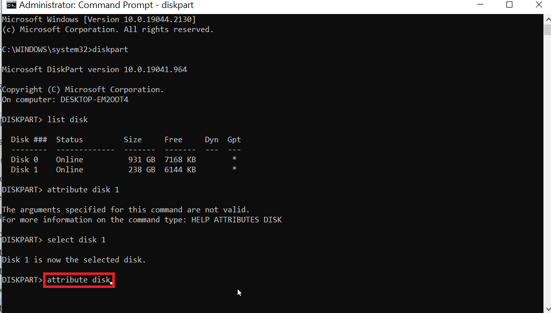 enter attribute disk