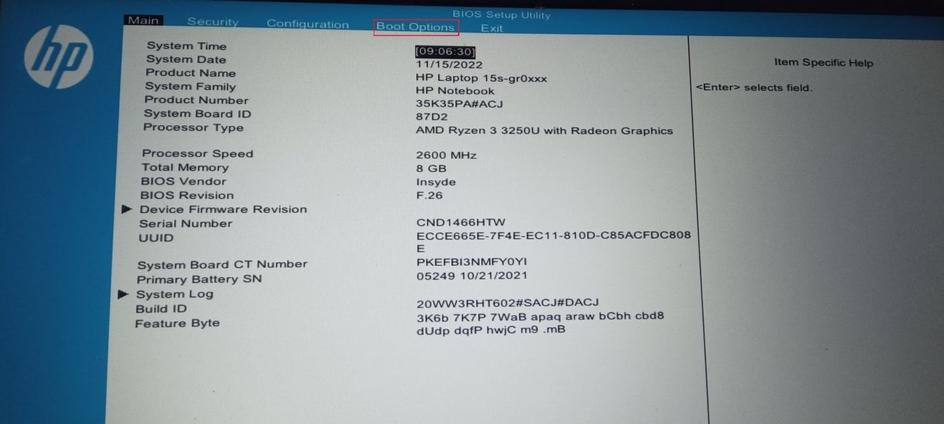 navigate to boot options