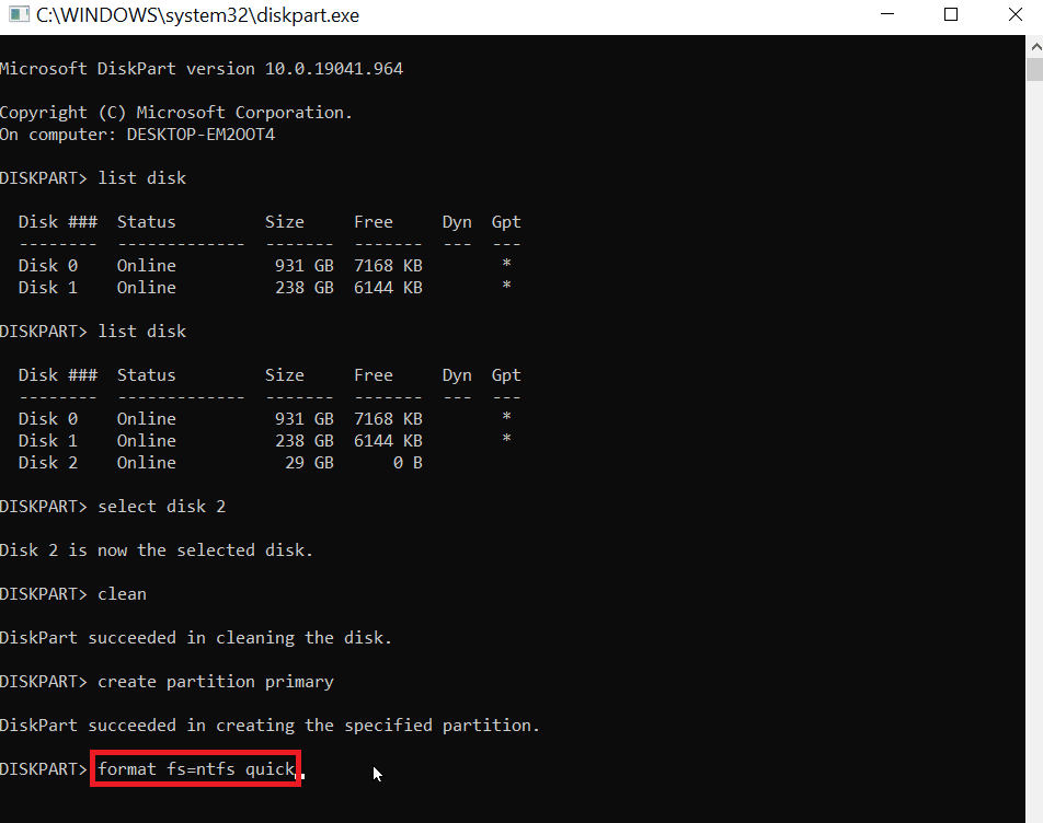 type format fs=ntfs to format usb to ntfs. Fix Error in Formatting USB Flash Drive 