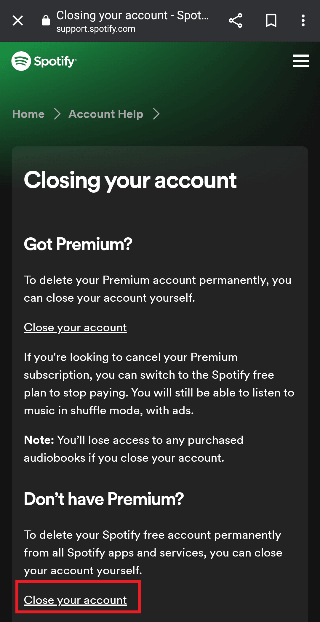 tap on close your account