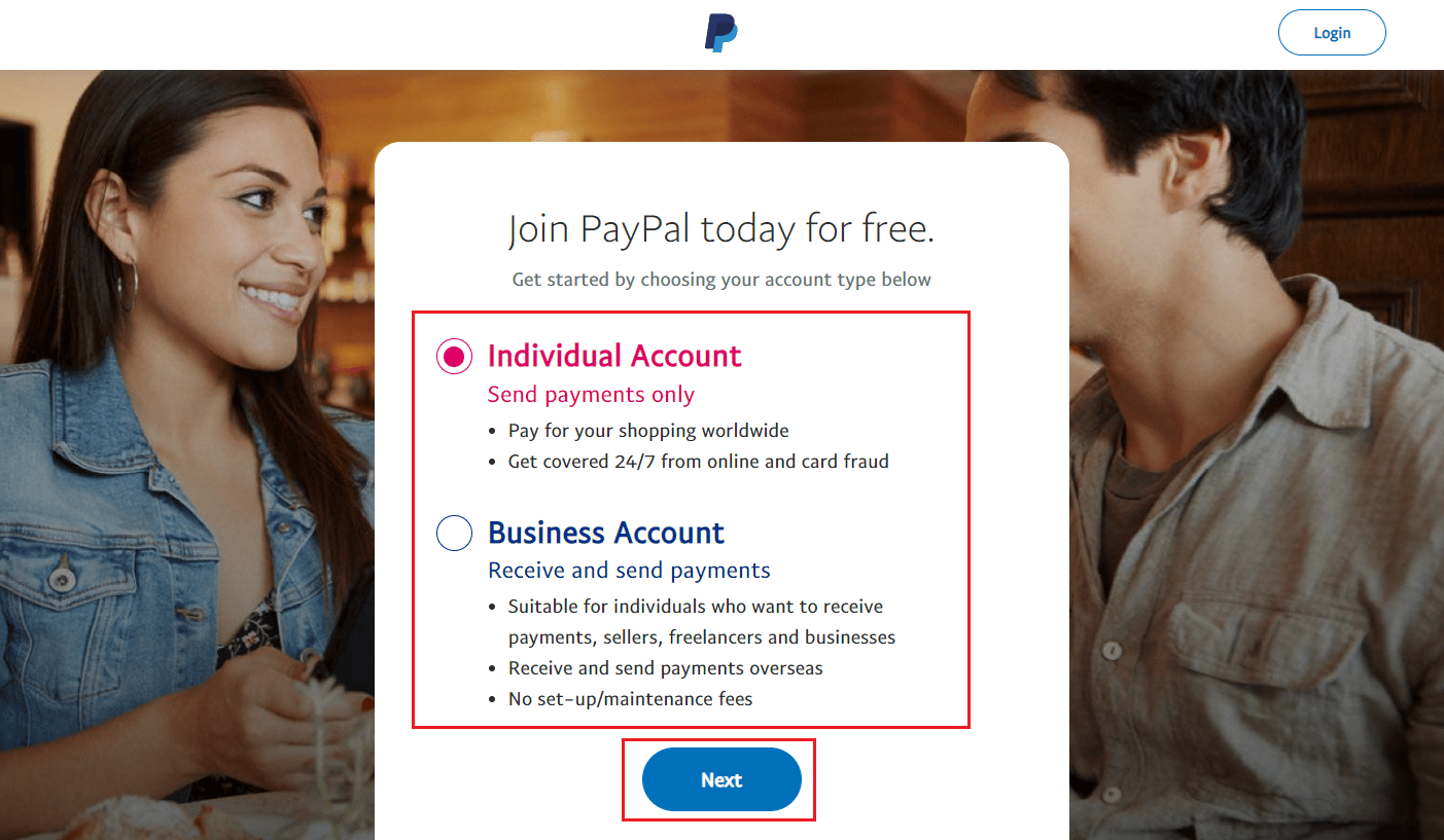 Click on Individual Account or Business Account, as per your need, and click on Next