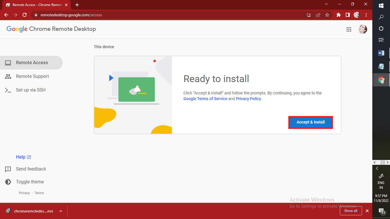 Click on Accept and Install to install the Google Remote Desktop app extension. | What is a Remote Access Code?