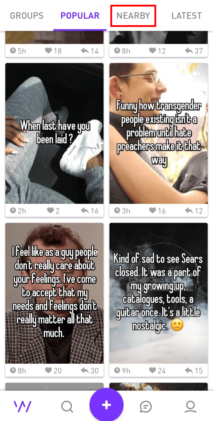 Tap on the NEARBY option at the top | view someone's Whisper profile