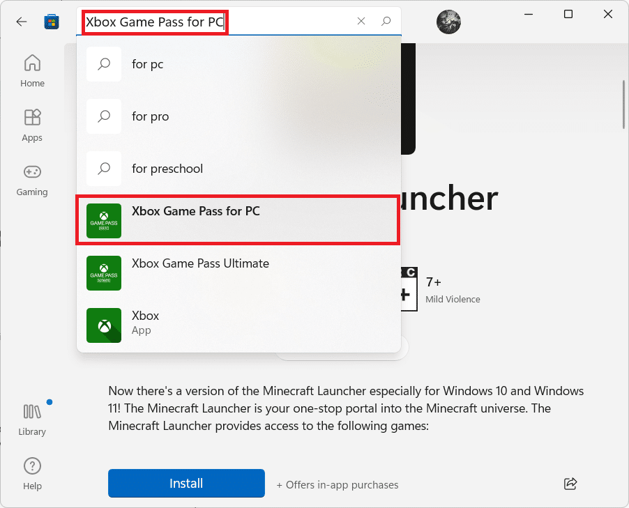 Xbox Game Pass for PC search results