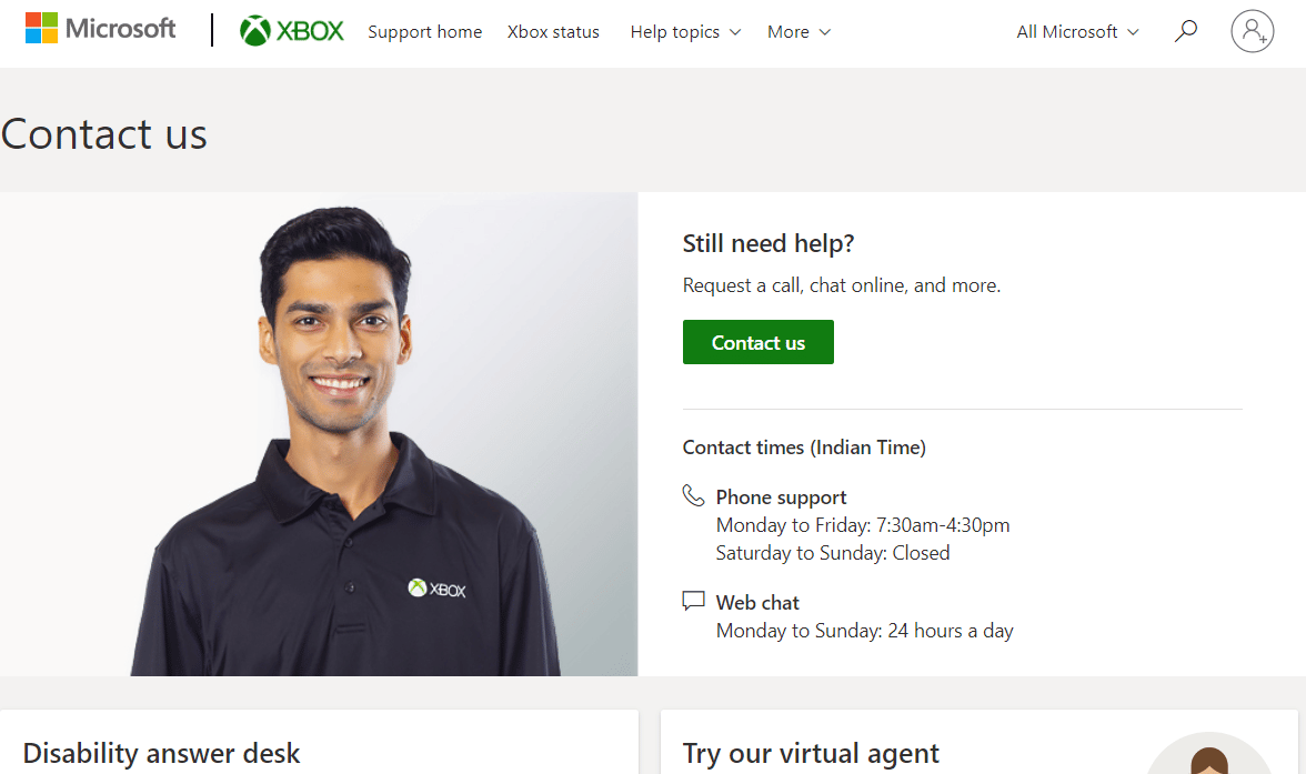 Xbox support page