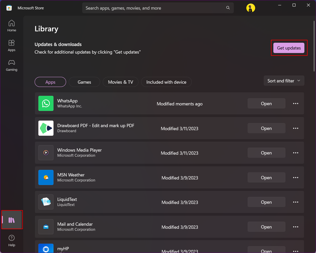 Tab to Library and click on Get updates