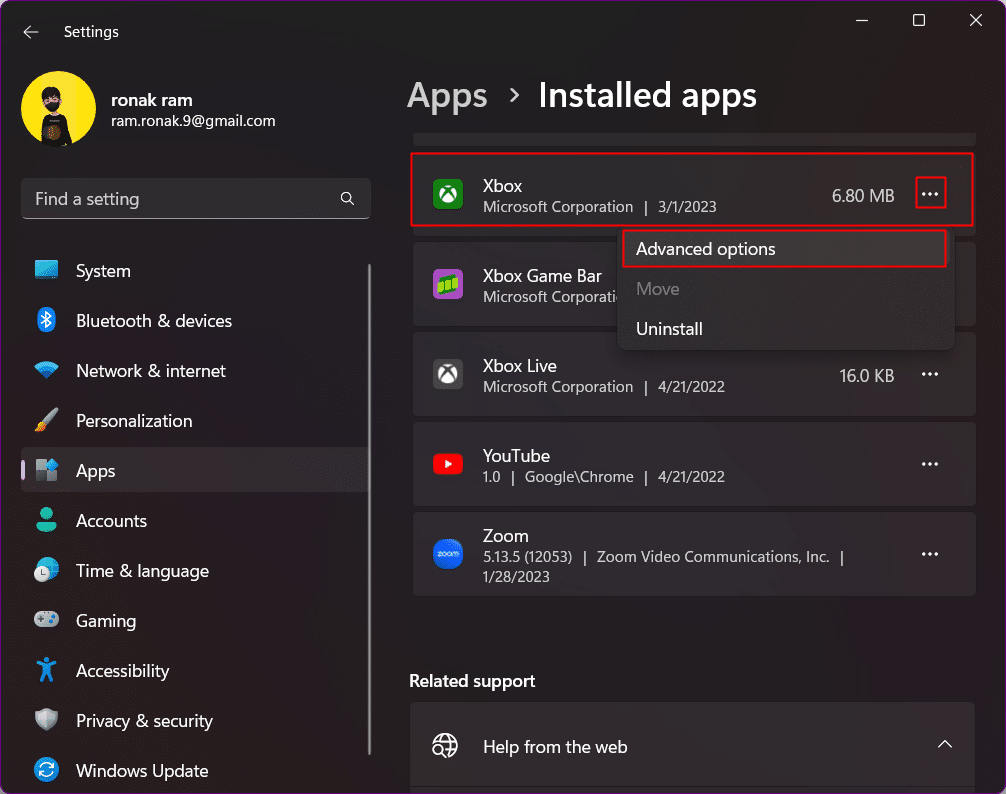 Navigate to Xbox in the list of apps and click on the three vertical dots icon next to its name and click on Advanced options