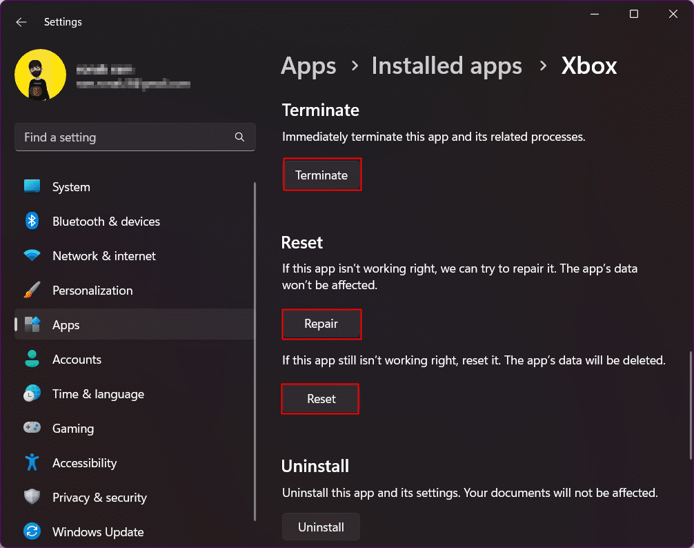 Terminate Repair and Reset Xbox app. Fix Sorry We’re Having Trouble Showing the Details of This Perk