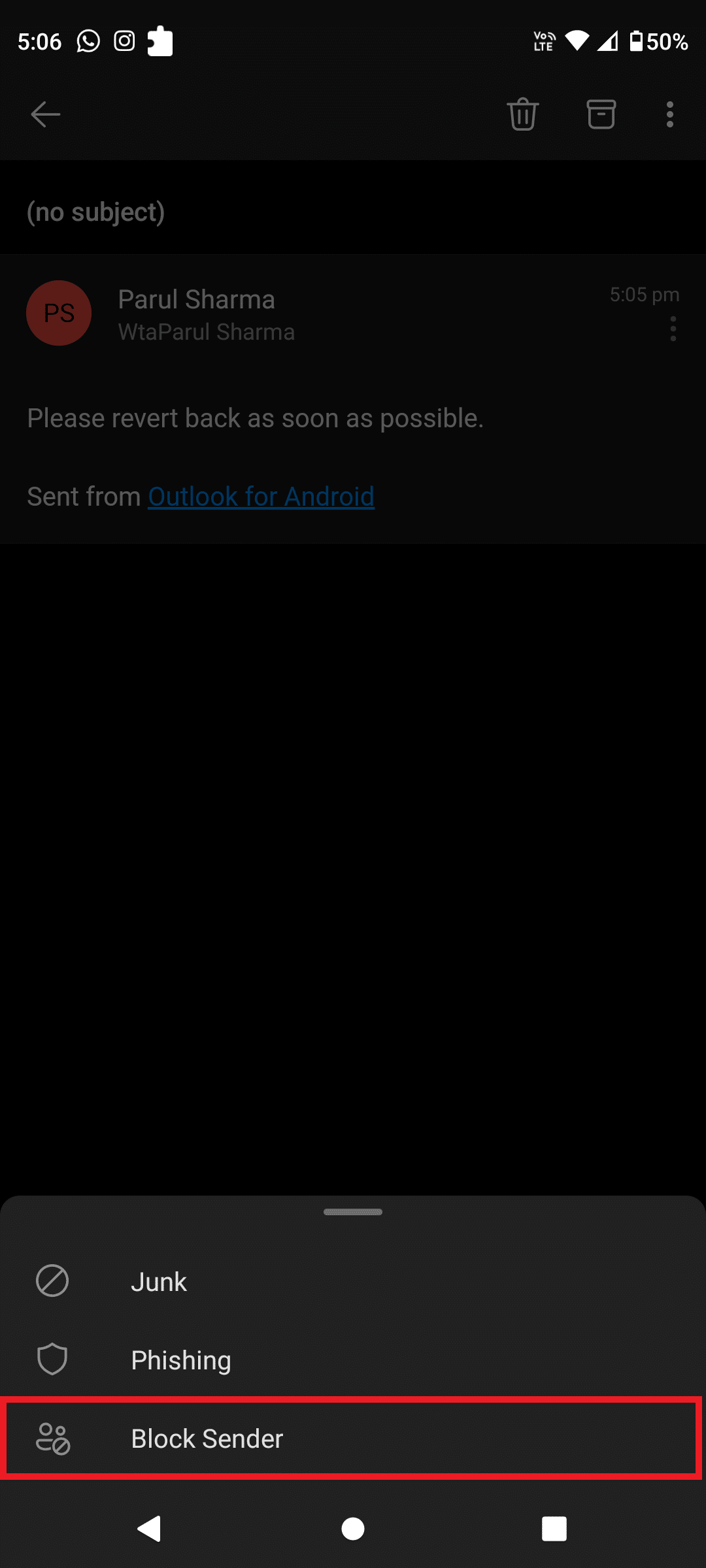 tap on Block Sender | How to Block Emails on Outlook