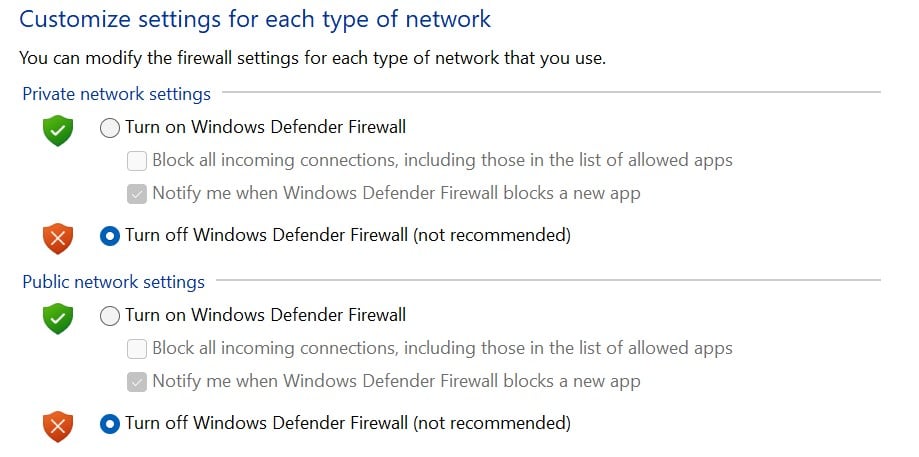 Turning off the Windows Defender Firewall