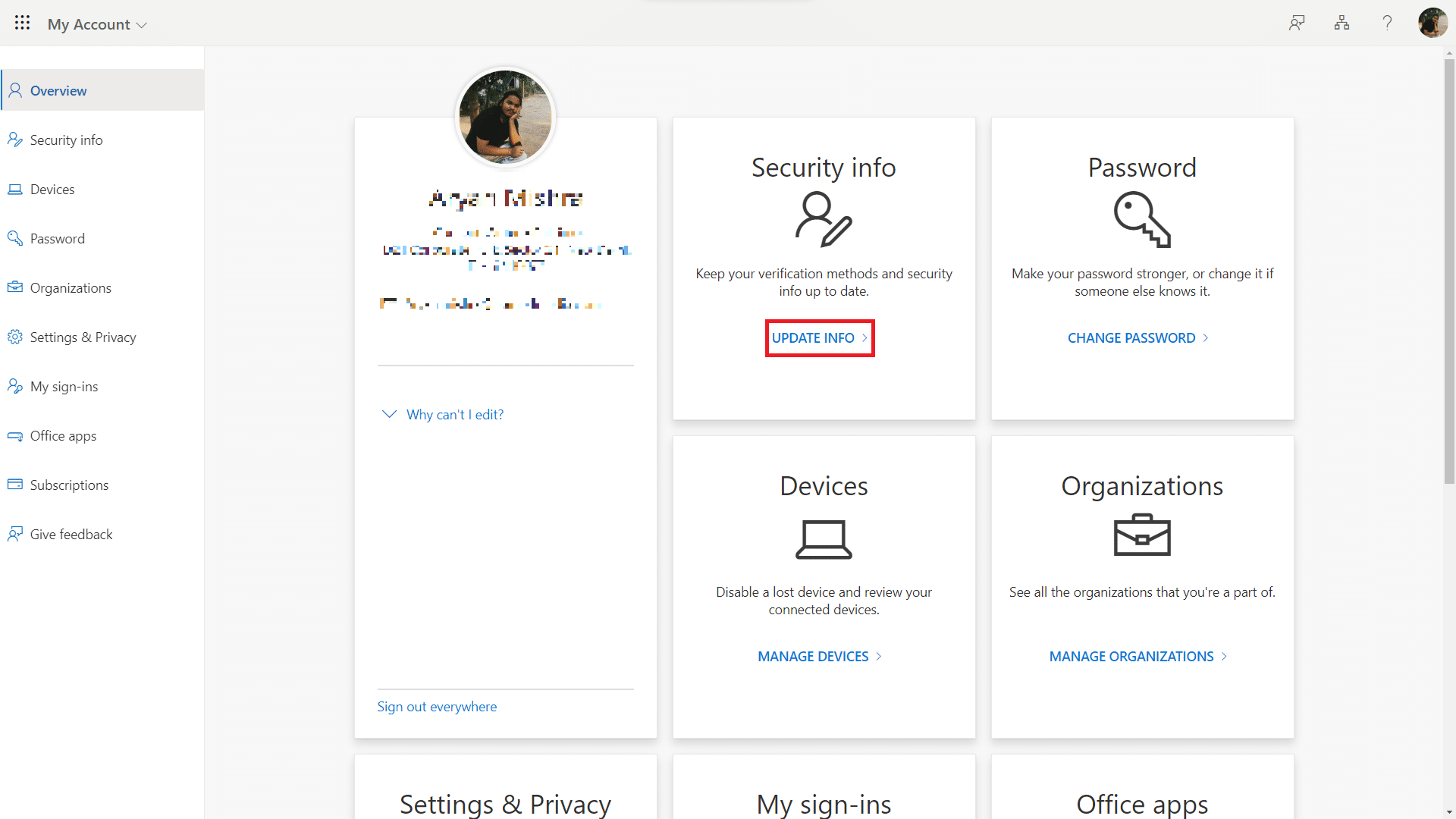 Under Security Info click on UPDATE INFO. 
