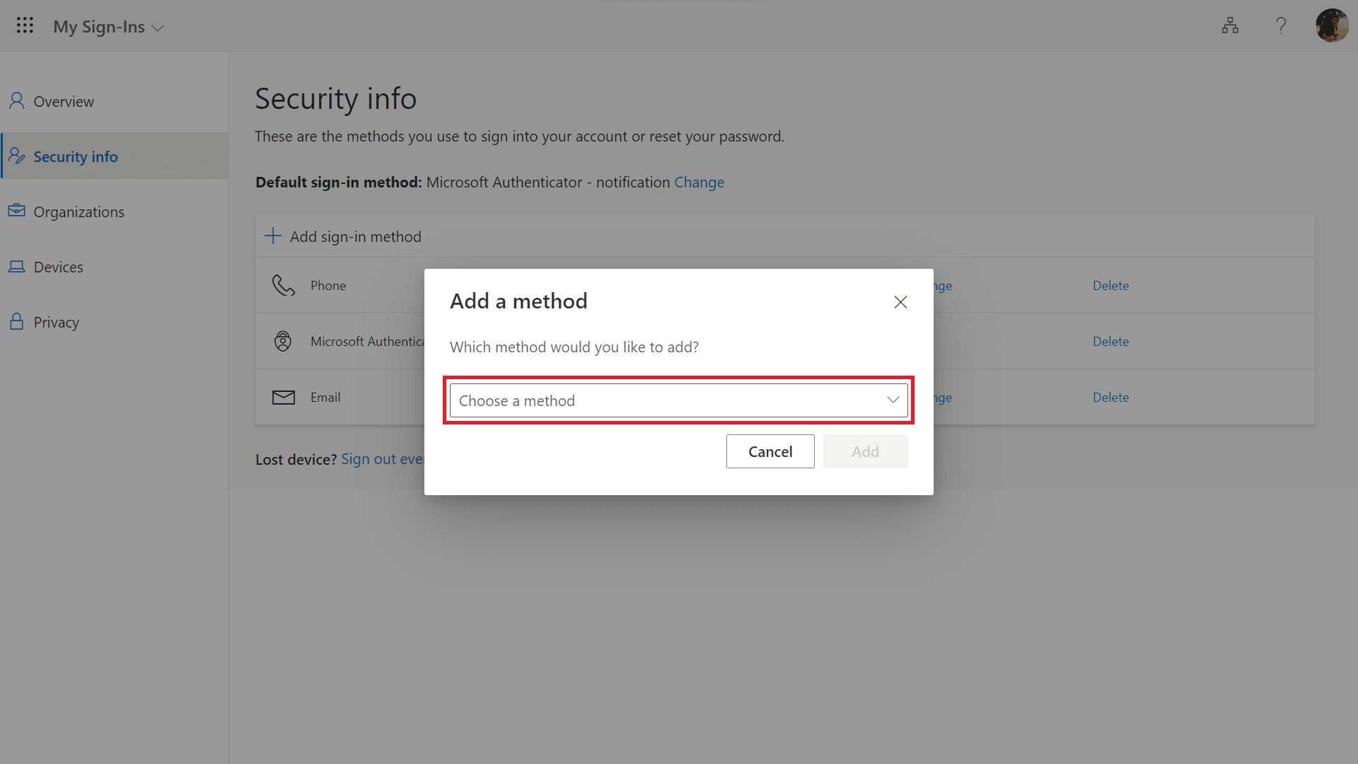 Click Choose a method and select Authenticator App 