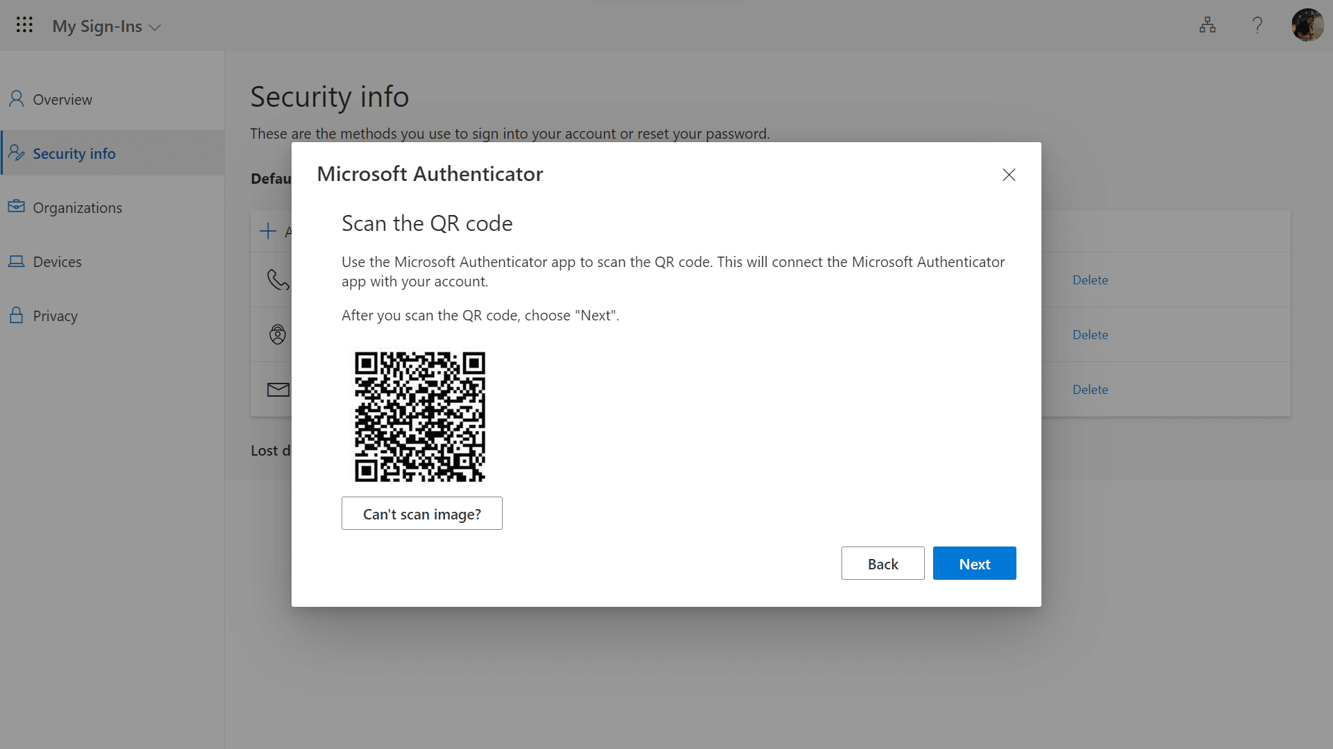 Use the Microsoft Authenticator app on your phone to scan the QR code