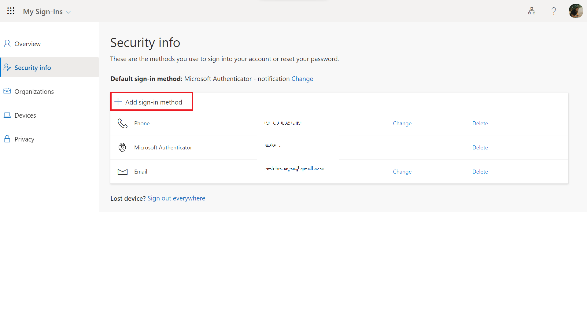 On the Security info page click on Add sign-in method