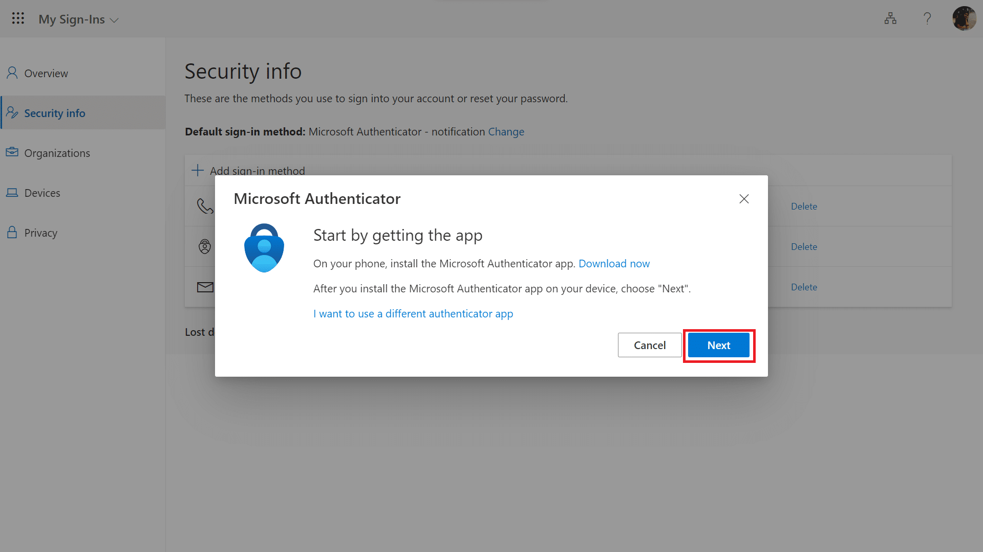 Download the Microsoft Authenticator app on your Mobile then click on Next on the Microsoft website