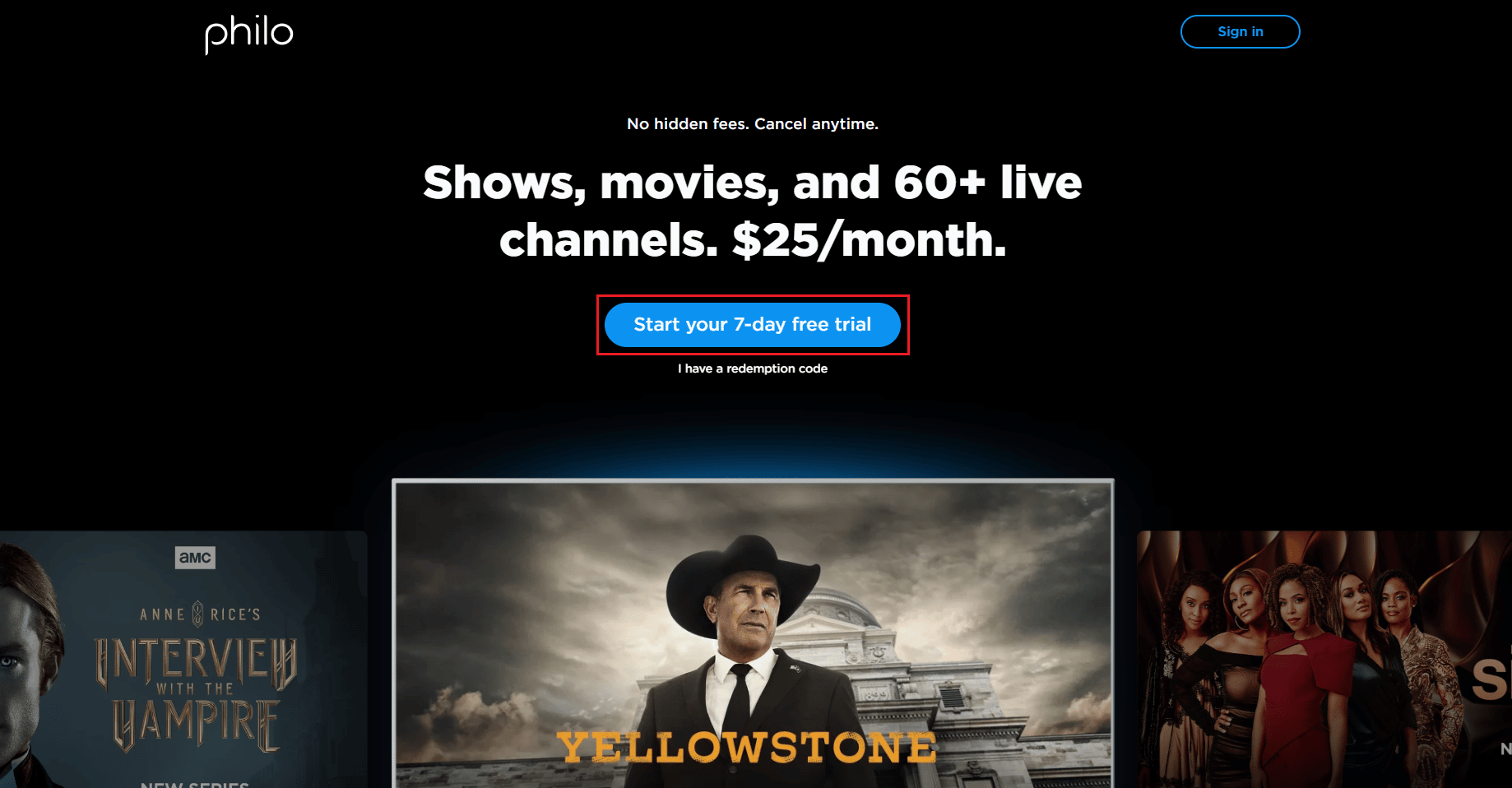 start 7 days free trial Philo TV website