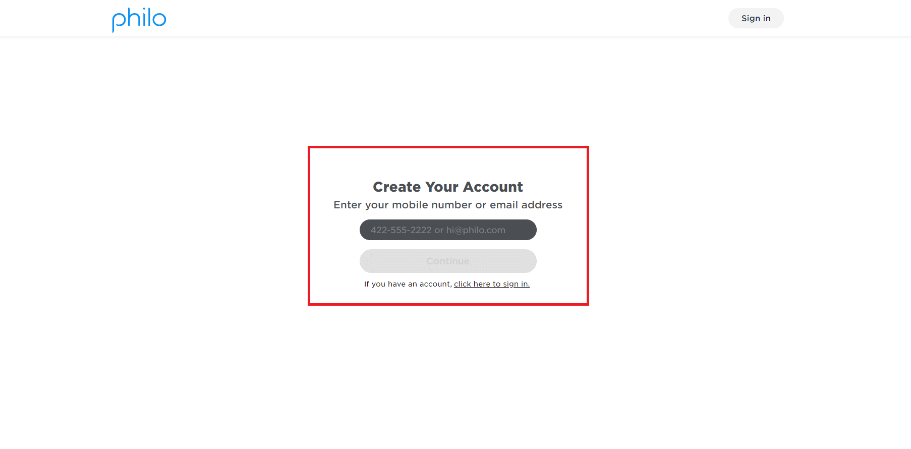 create your account Philo TV