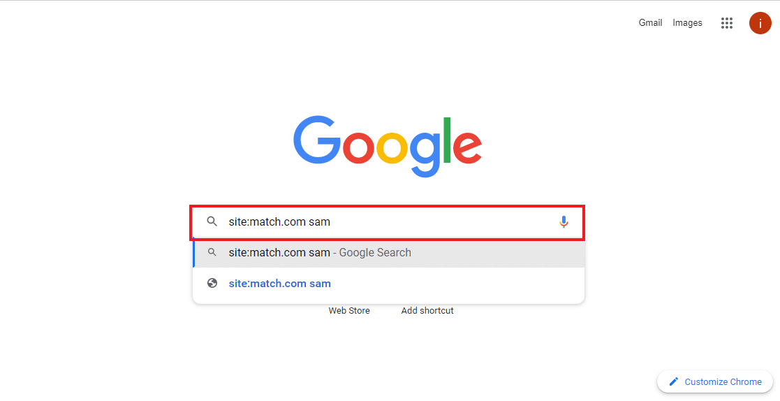 Type site:match.com with the name of the person