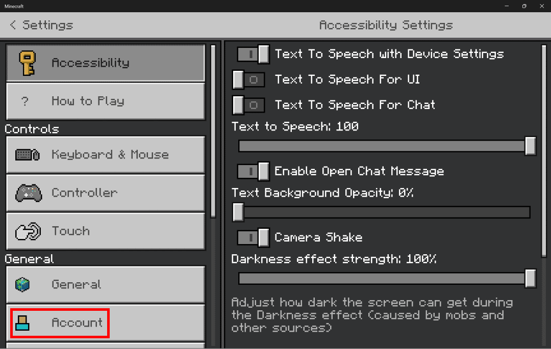 From the options on the left, click on Account.
