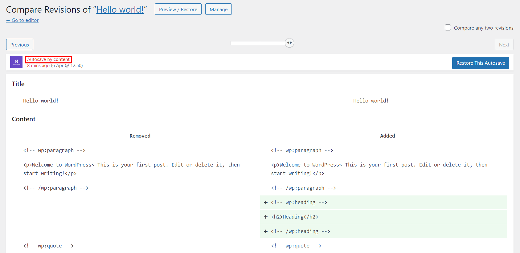 The Autosave label in the WordPress revisions page