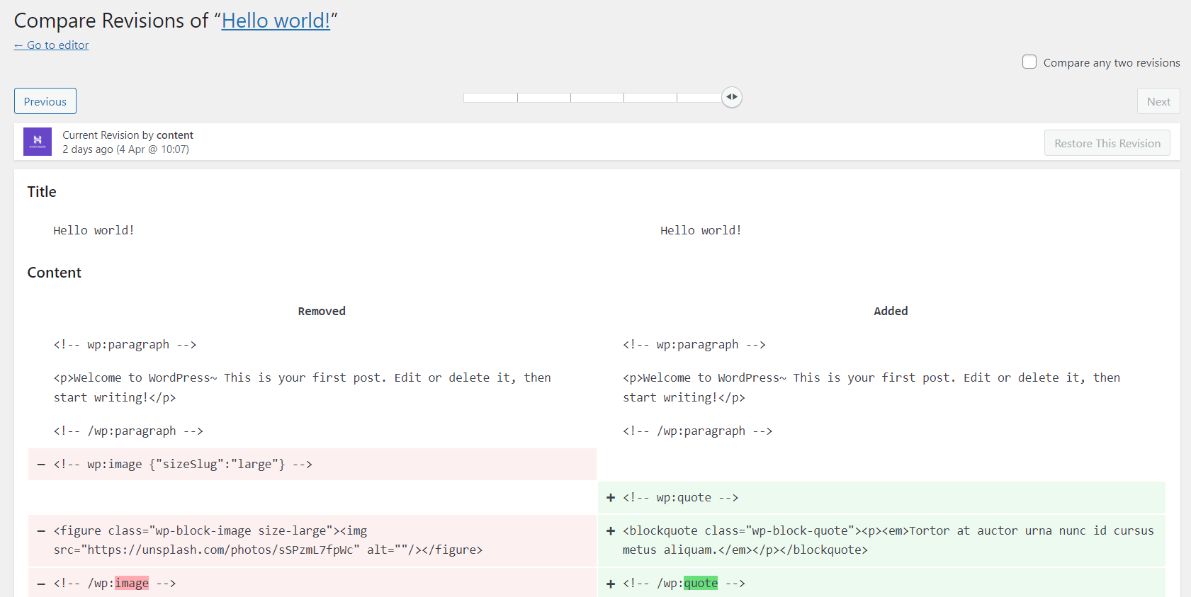 WordPress revisions page interface showing two columns – the selected revision on the right, and the previous version on the left