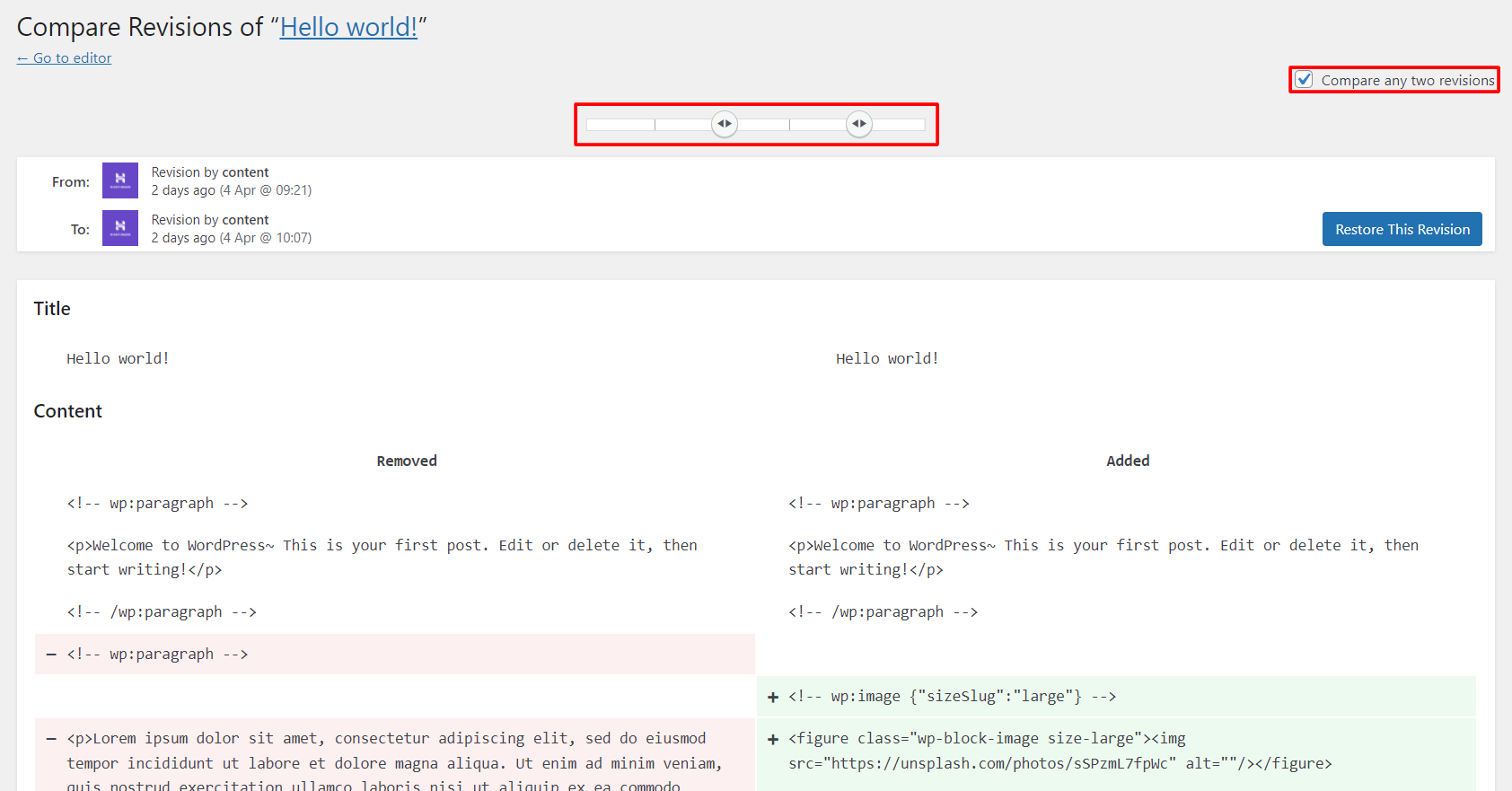 The slider on the WordPress revisions page to help users compare any two revisions