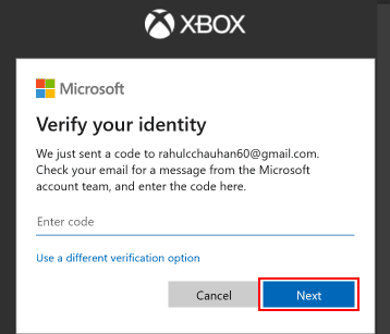 Enter the code received in your email and click on Next | How to Change Microsoft Account on Minecraft PE