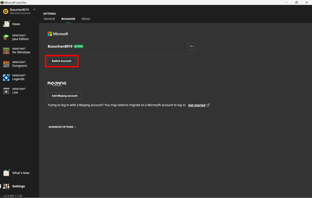 Click on the Switch Account button.
