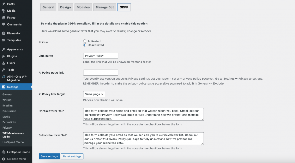 WP Maintenance mode GDPR settings