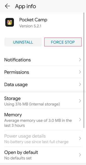 force stop Animal Crossing Pocket Camp app info