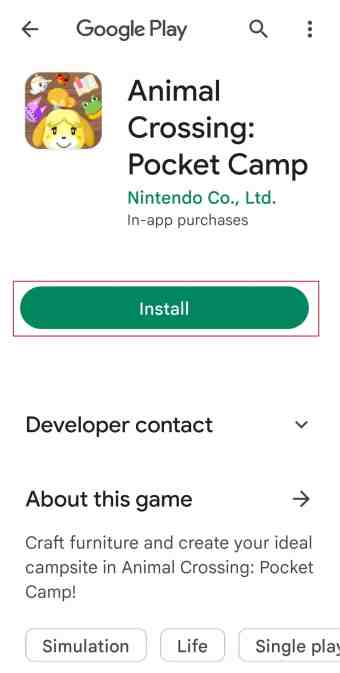 install Animal Crossing Pocket Camp game from google play store