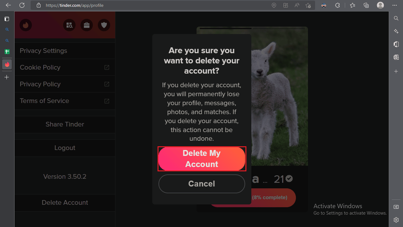 Confirm your deletion by clicking on the Delete My Account prompt. 